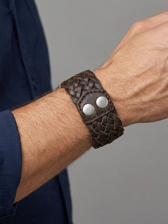 genuine leather Other - Woven Leather Cuff Bracelet Brown Silver Reversible Unisex Wide Statement Band